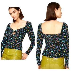 Staud Black Multicolor Print Long Sleeve Sweetheart Neck Josephine‎ Top 12